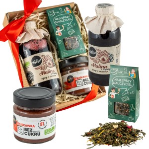 Kosz prezentowy dzień Nauczyciela herbata zielona konfitura syrop naturalny
